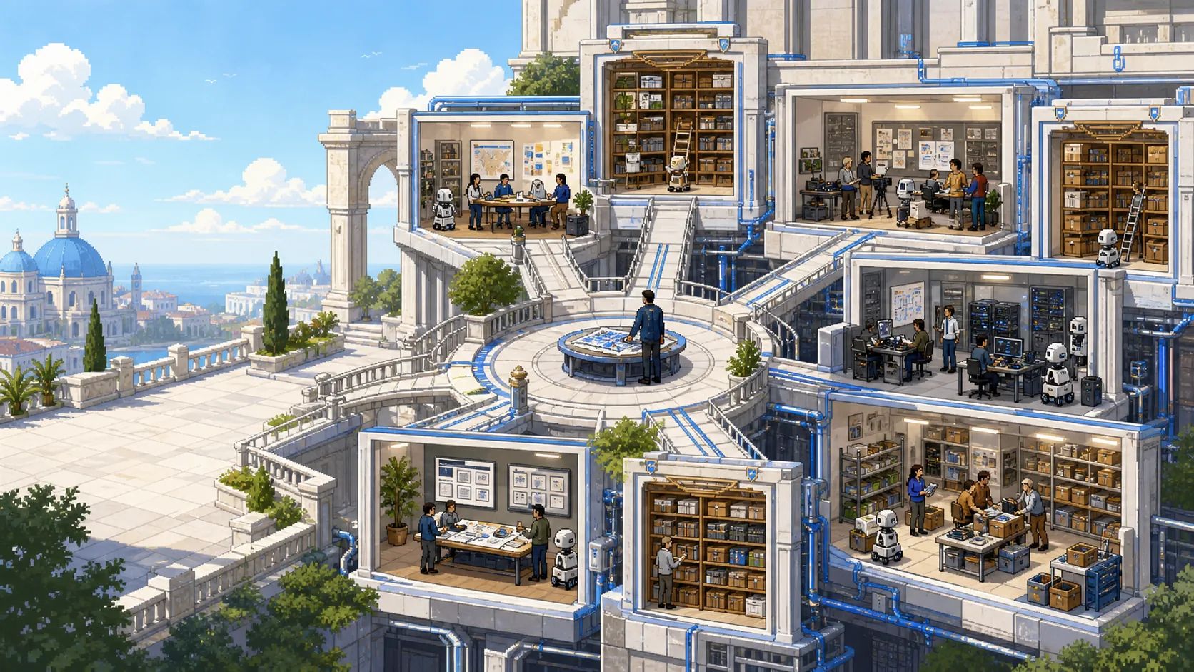 A pixel-art operations campus with a coordinator and five department workshops