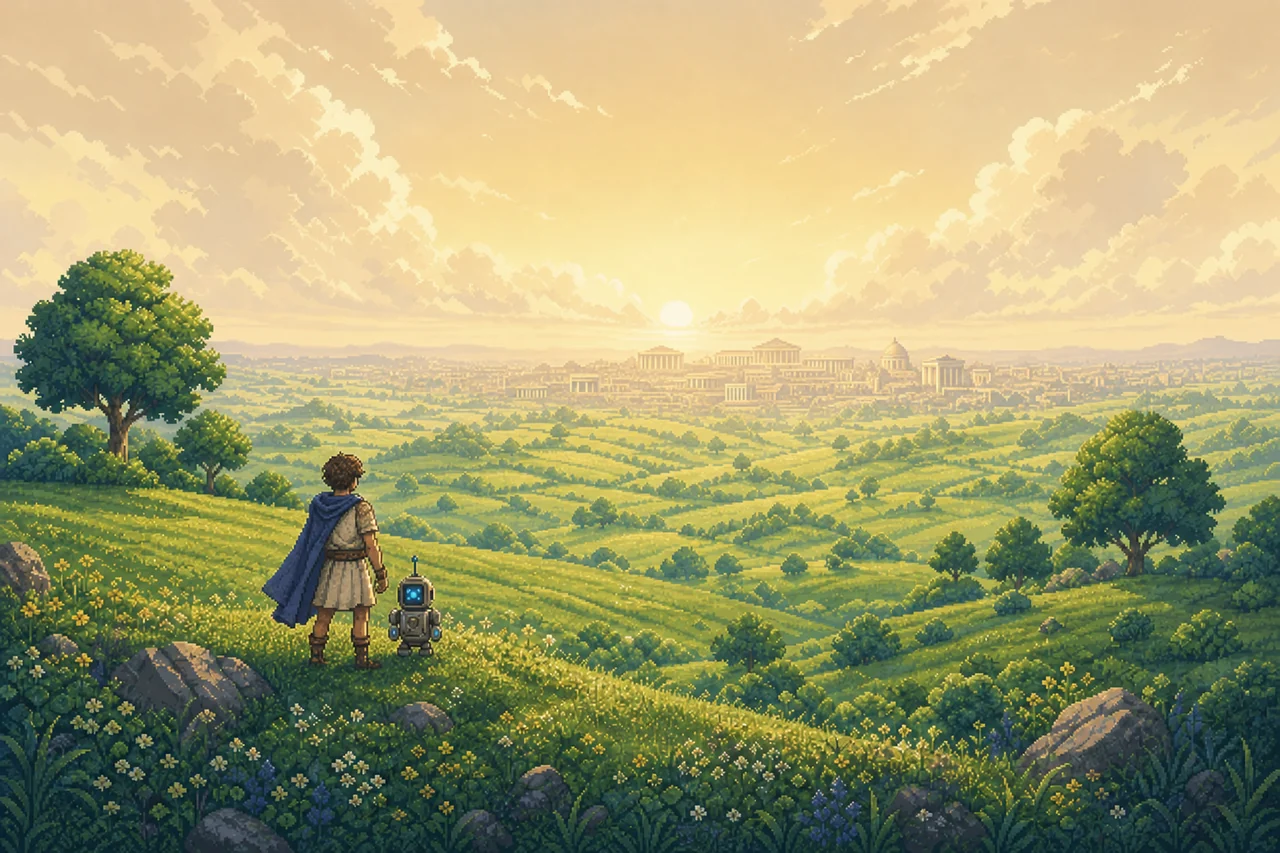 Pixel-art dawn meadow: a lone founder and one robot companion on a ridge overlooking empty rolling hills, a marble city faint on the horizon