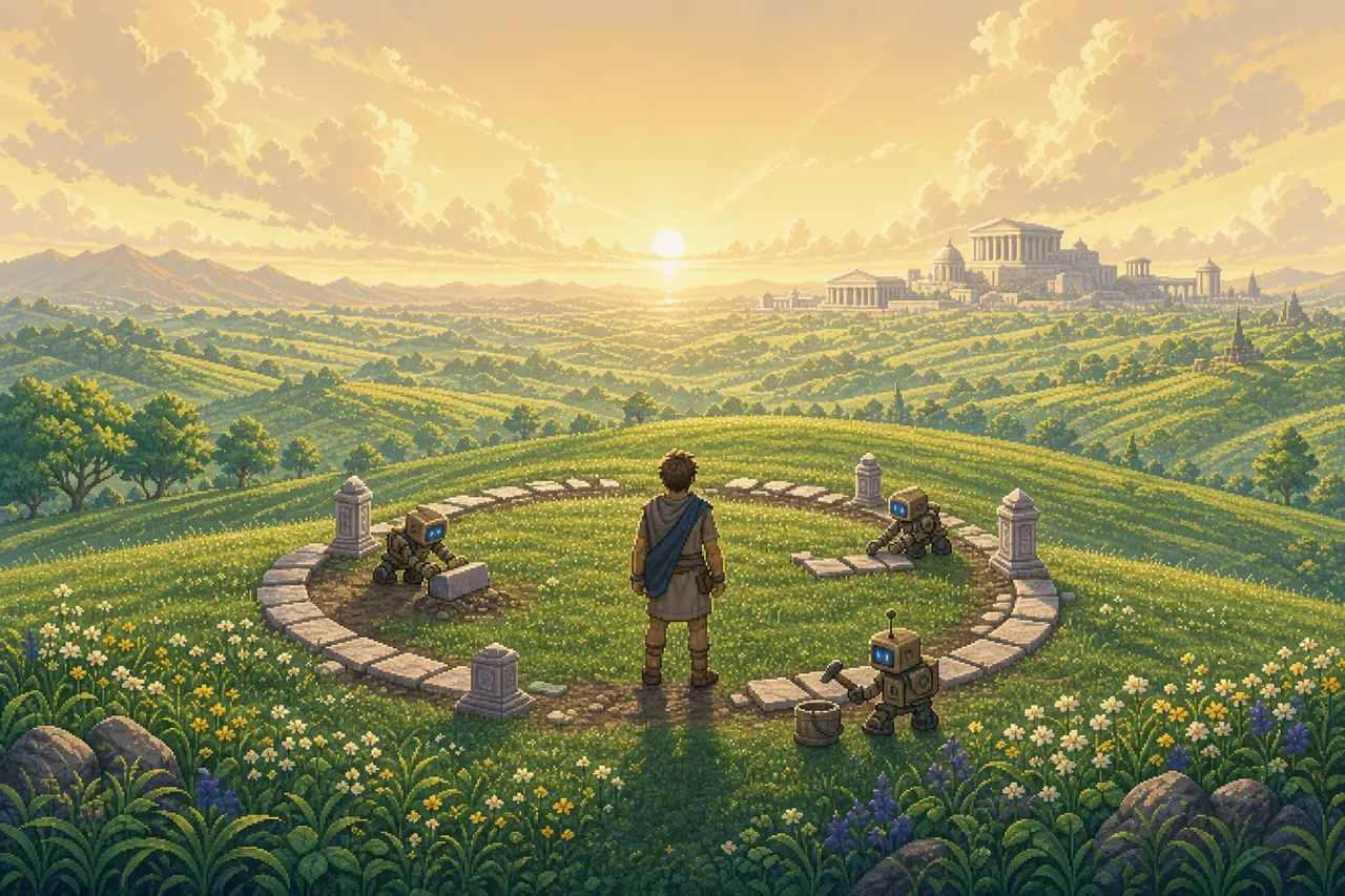 Pixel-art: the founder and worker robots laying a circular stone track with four waypoint pillars, a classical marble city on the horizon