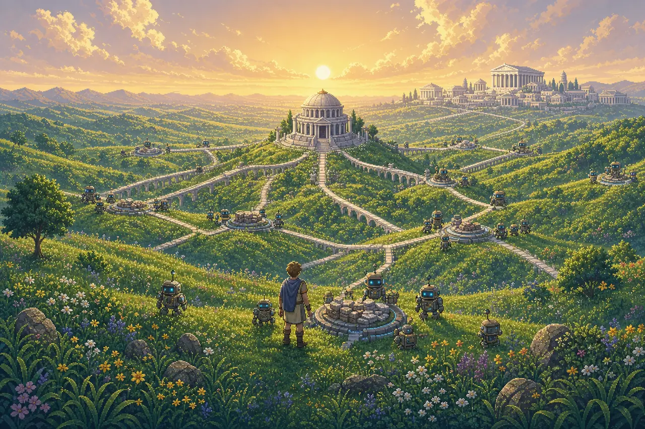 Pixel-art: robot work-camps across the hills, all connected by stone roads to a domed marble library on a central hill - the shared brain