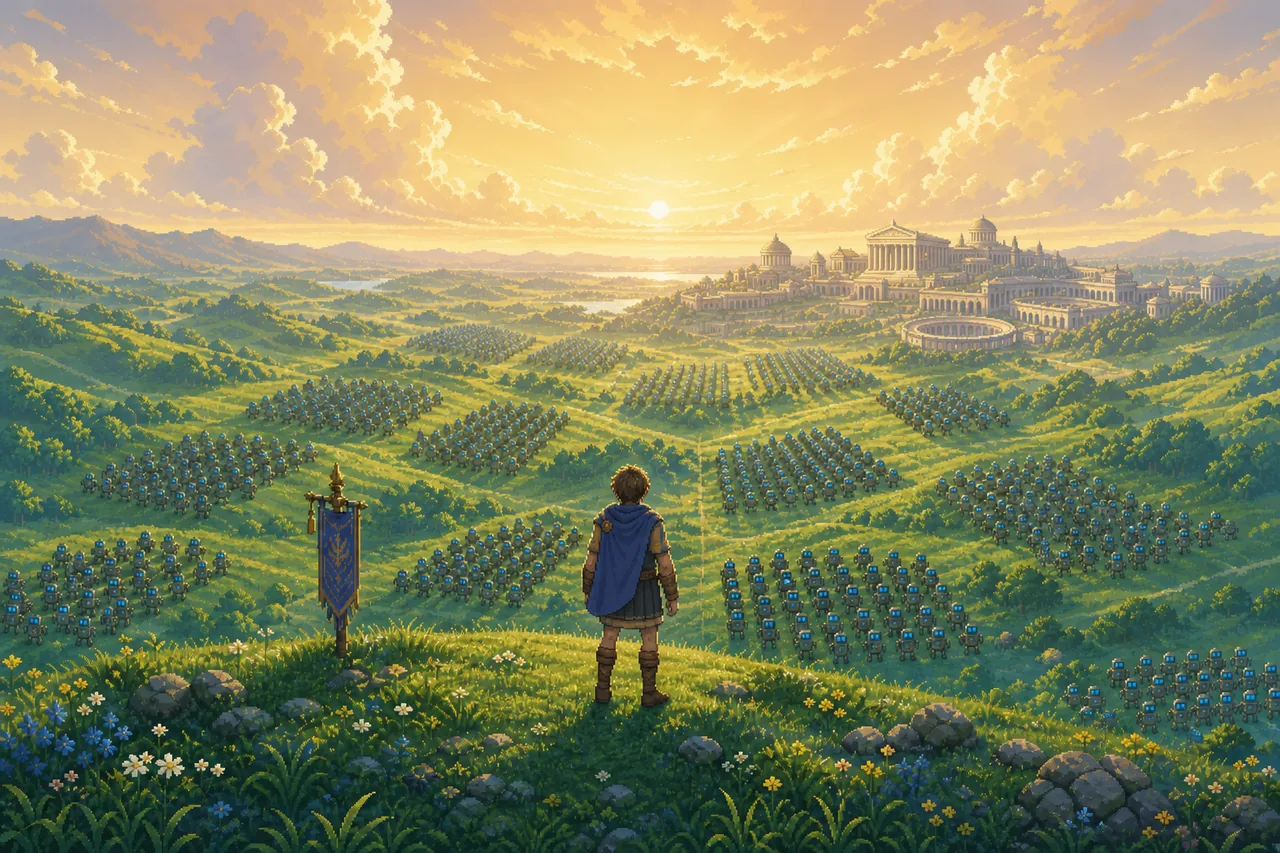 Pixel-art epic: a commander on a ridge overlooking a vast valley of robot legions in formation, a grand marble capital on the horizon