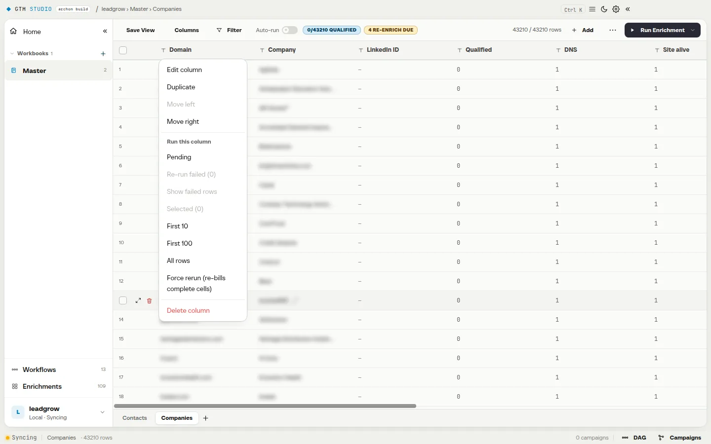 The column menu open: edit column, duplicate, move, and run this column over pending rows, the first 10, the first 100, or all rows.