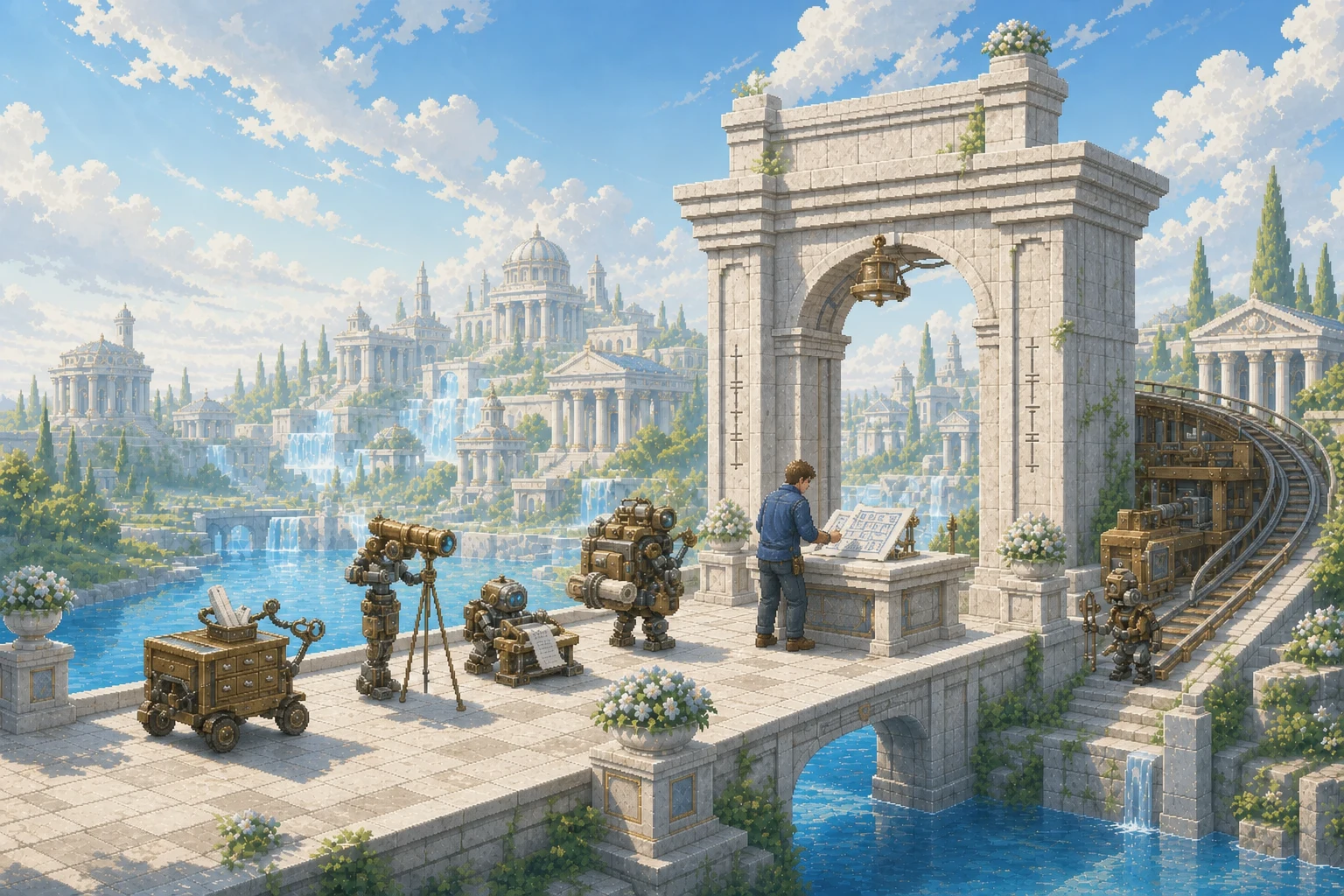 Specialized pixel-art Legion operators carrying campaign plans to a restrained sunlit marble quality gate where a working operator reviews the plans